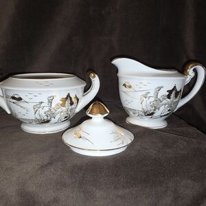 Elegant White and Gold Porcelain Creamer and Sugar Set